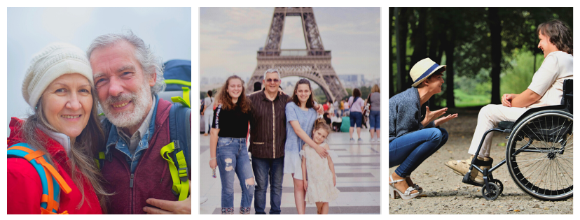 couple la cinquantaine, famille monoparentale et femme avec handicap en voyage